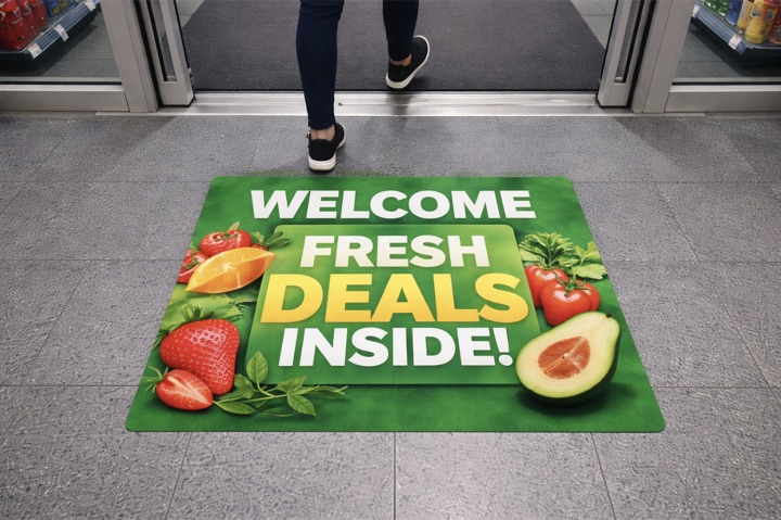 Custom floor graphics with directional arrows in a retail space