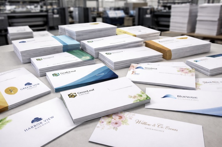 A varied display of custom printed envelopes