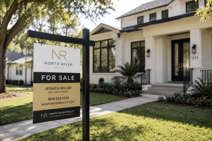 Custom real estate signs on a residential property