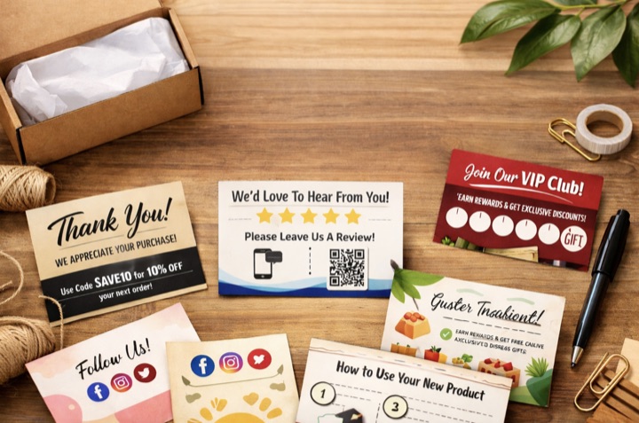 Assorted product insert cards with branding and QR codes