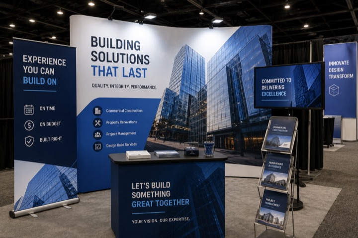 Trade show booth displays with backdrops, banner stands and tension fabric graphics