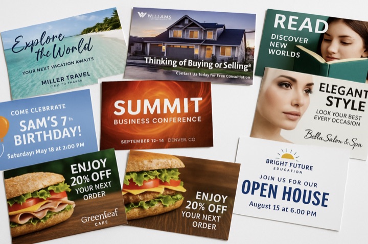 A stack of custom postcards with vibrant imagery
