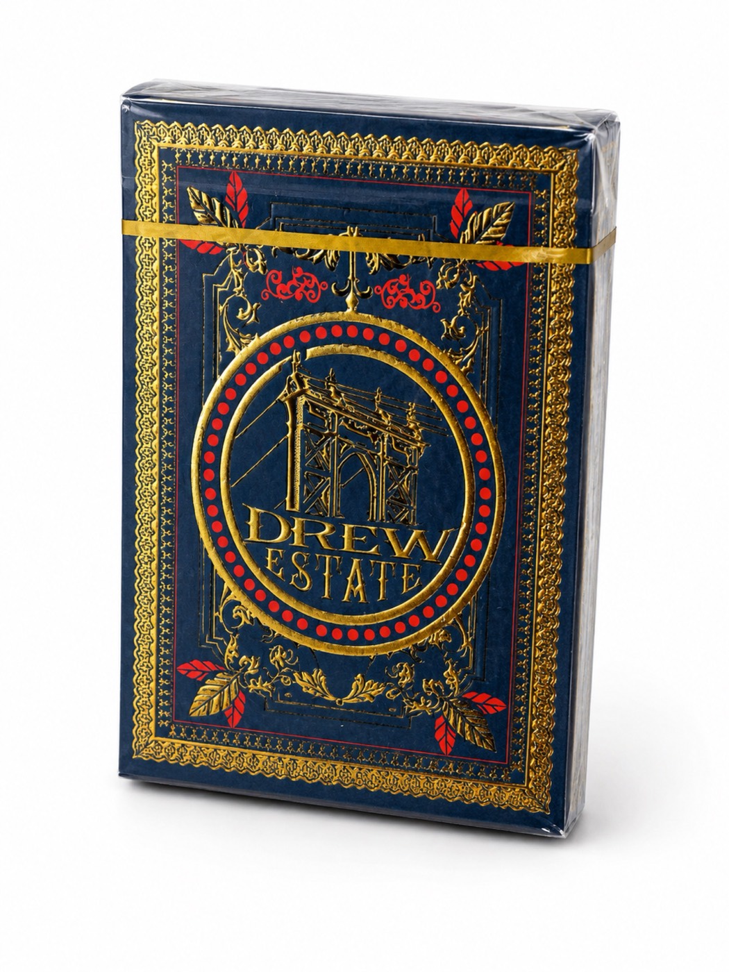 A navy tuck box with ornate gold foil stamping