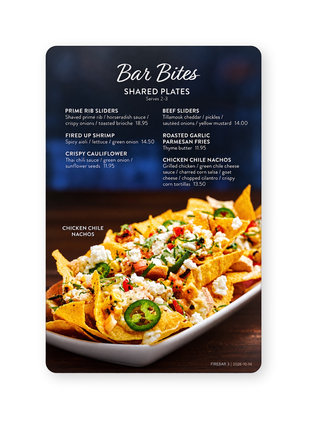 A Bar Bites shared plates menu card with chicken chile nachos