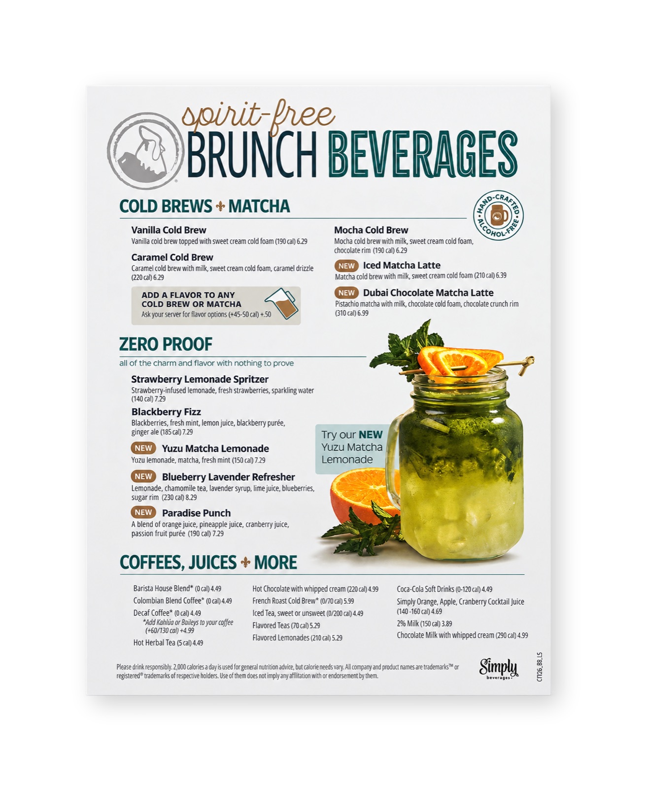 A spirit-free brunch beverages menu with a lemonade jar