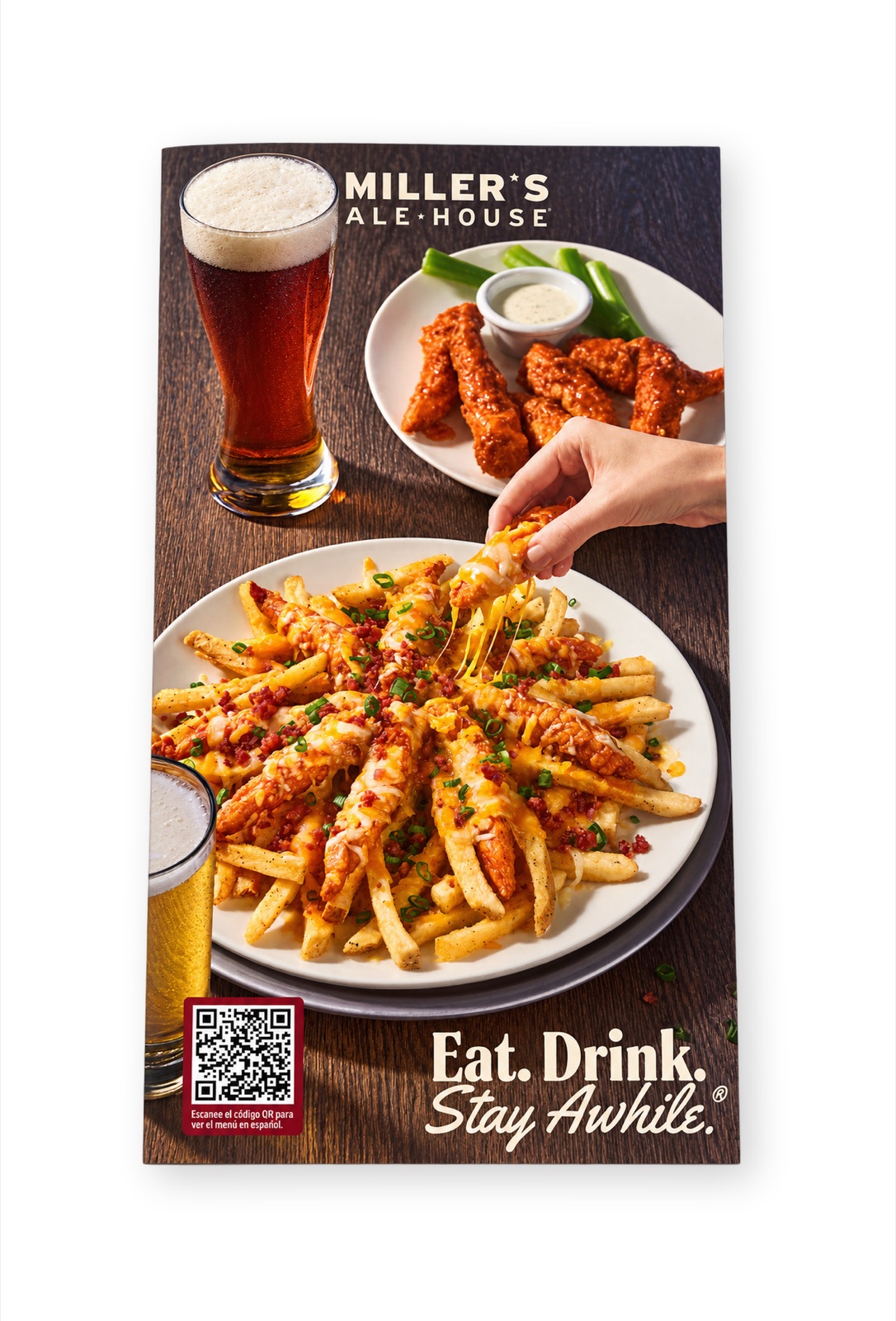 A Miller's Ale House menu cover with wings, loaded fries and a pint