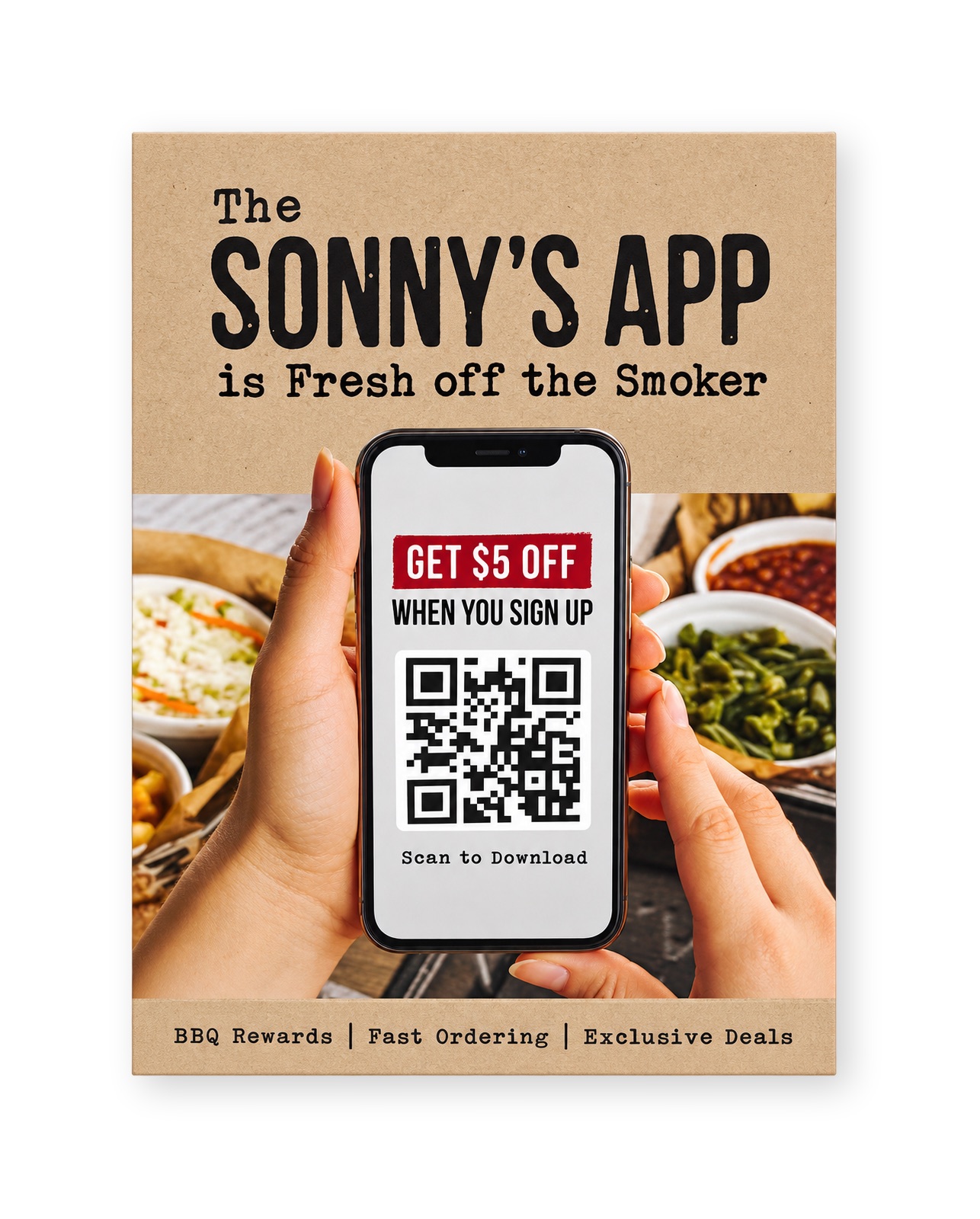 A Sonny's BBQ app flyer with a phone and a QR code