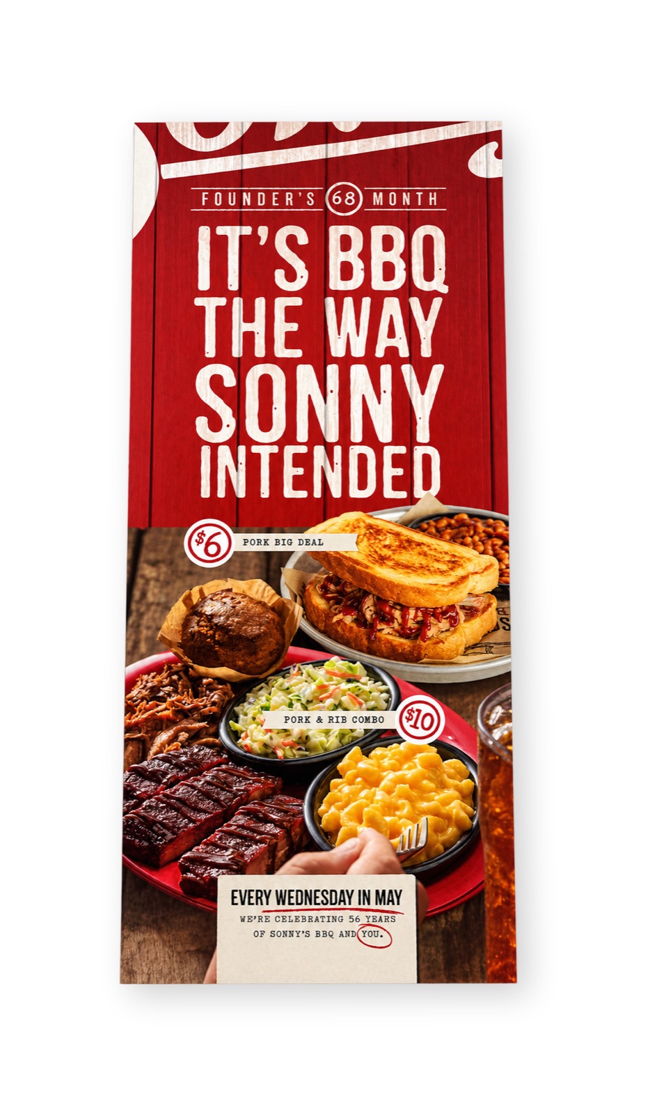 A tall Sonny's BBQ Founders Month menu insert