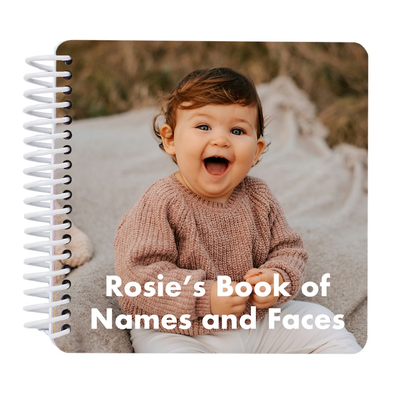 A spiral-bound board book titled Rosie's Book of Names and Faces