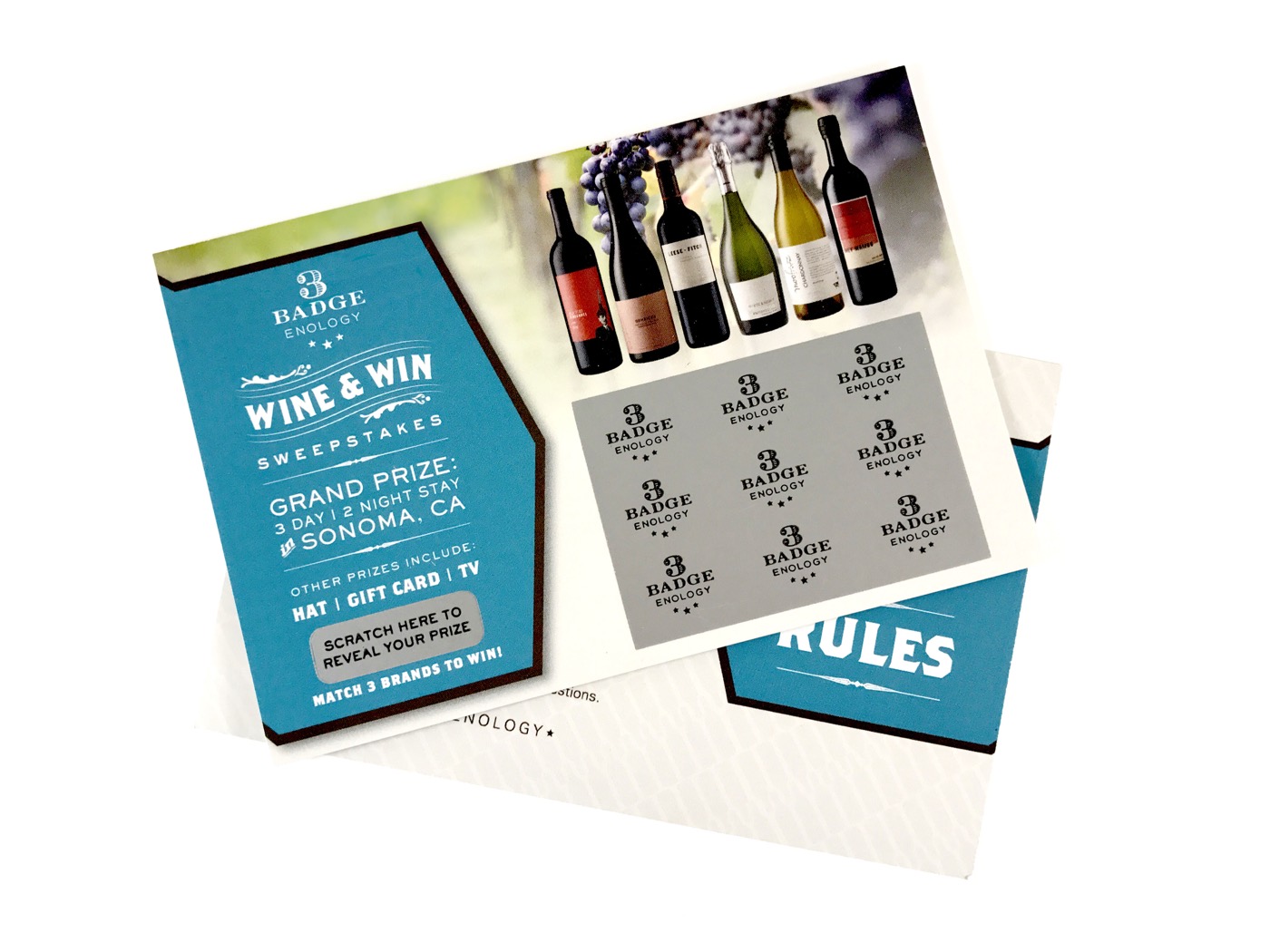 A sweepstakes mailer with a scratch-off panel and a rules card, printed and mailed from our plant