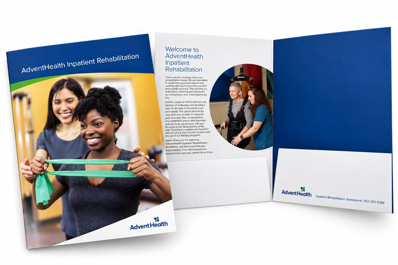 An AdventHealth rehabilitation pocket folder open to a printed insert