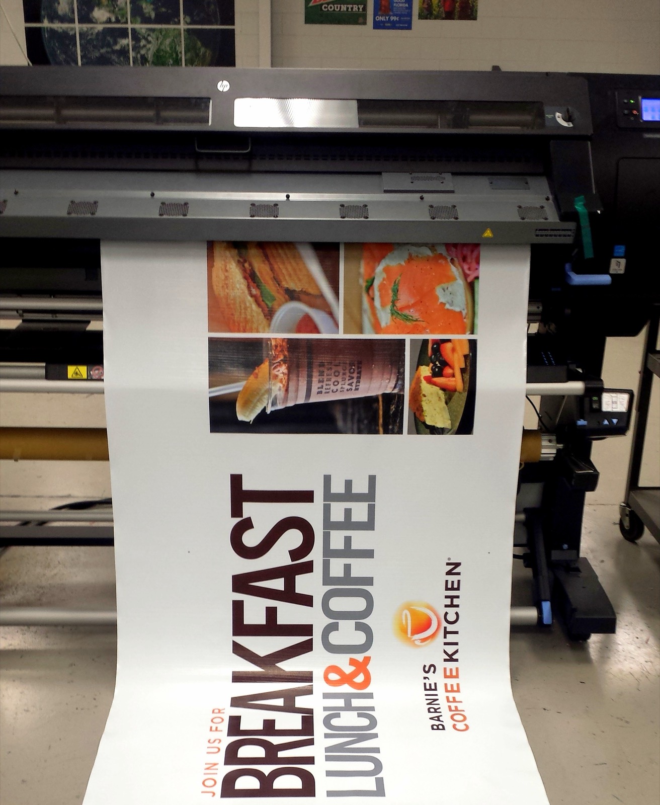 A breakfast menu board coming off our wide format printer