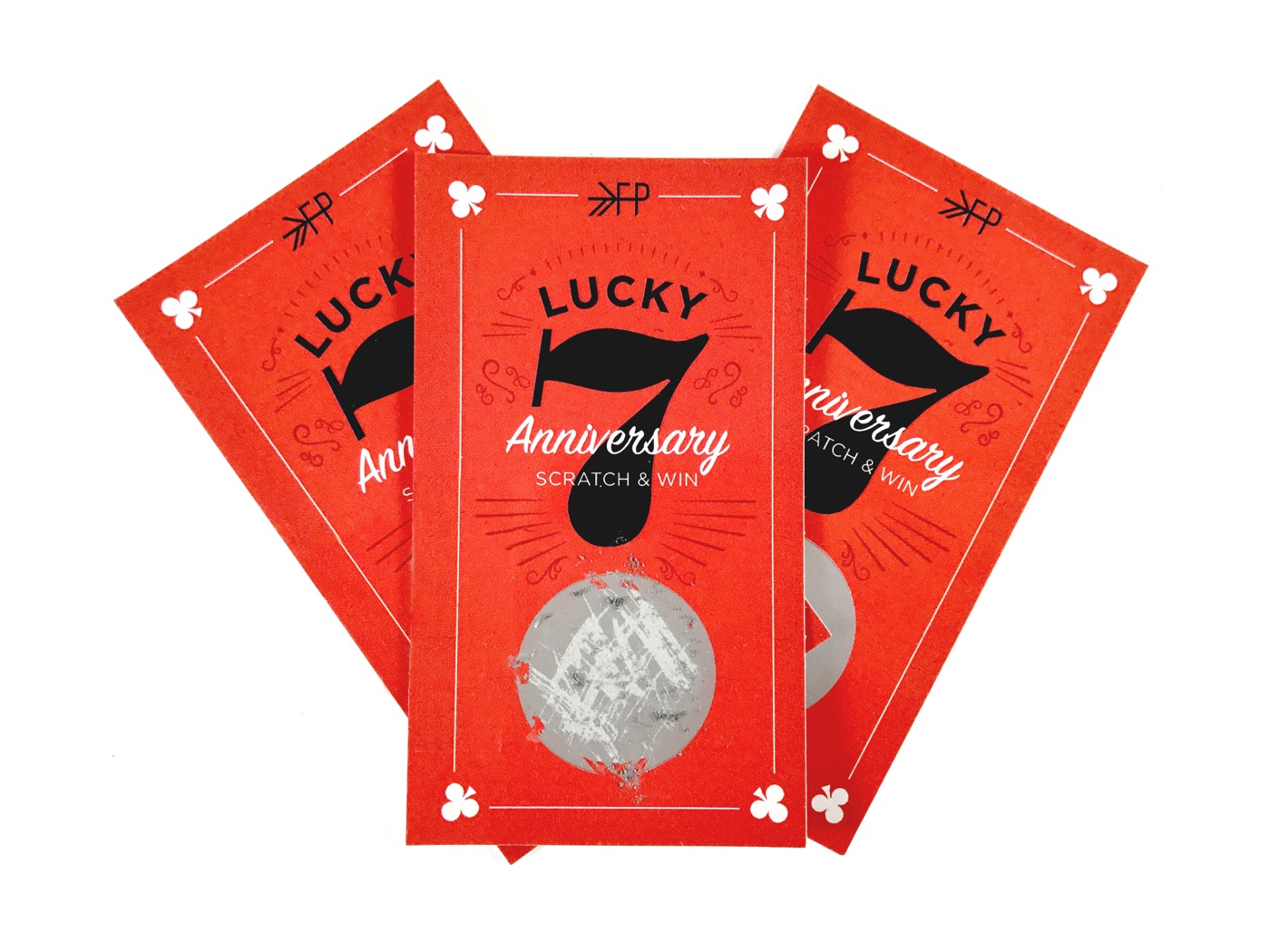 Die-cut scratch-off promotion cards in red
