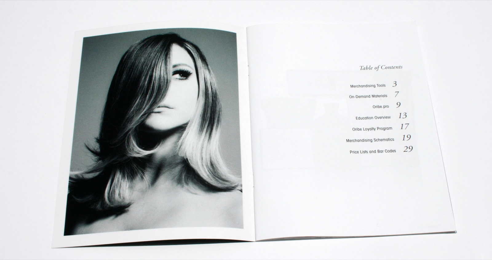 A saddle-stitched merchandising book for a hair care brand, open to the table of contents