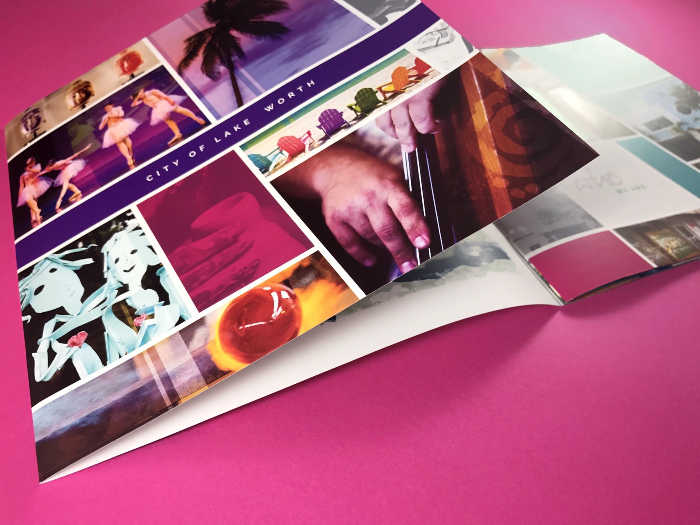 A brochure open flat to a full-bleed magenta spread, printed in our plant