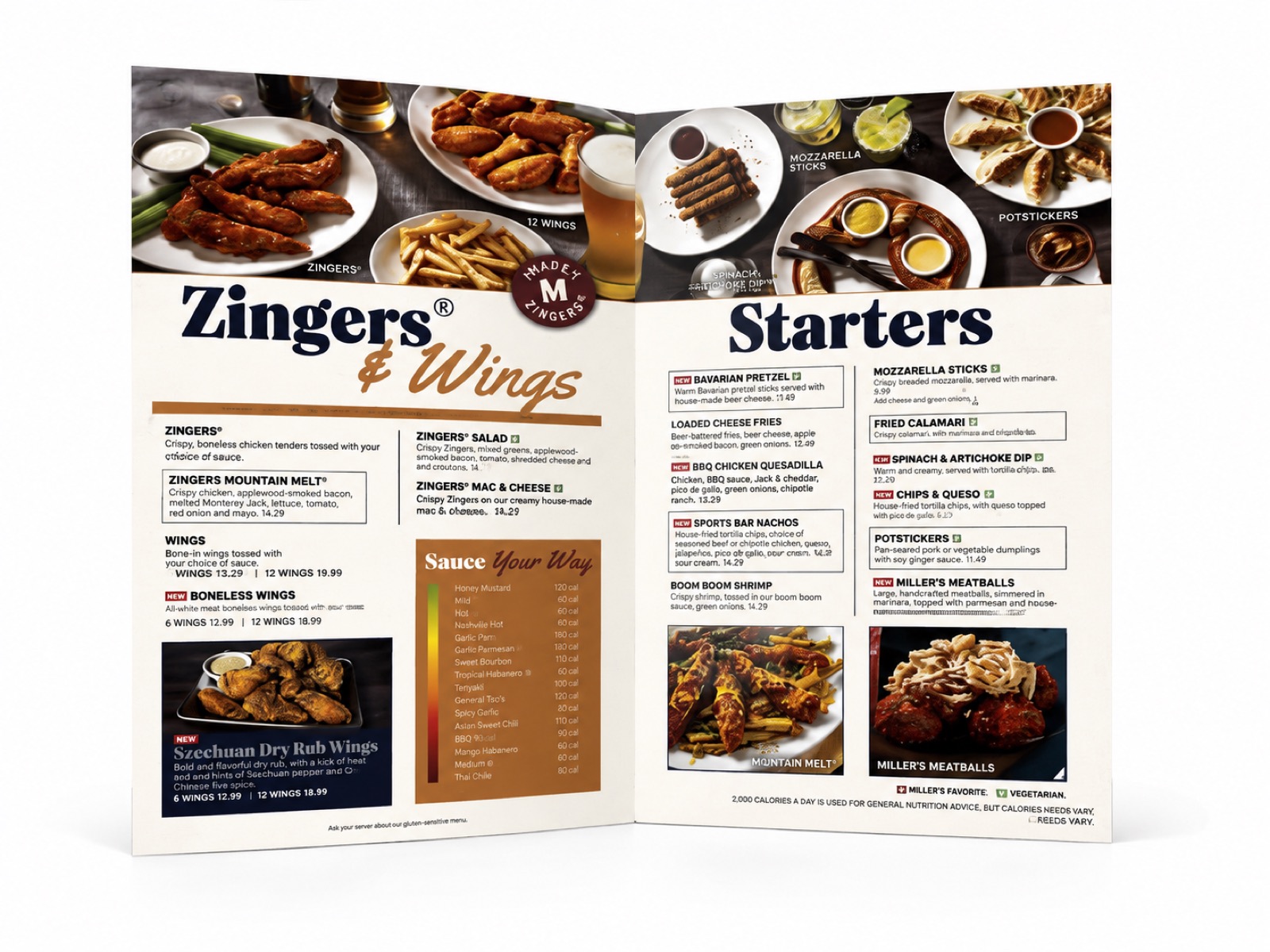 A printed restaurant menu open flat to the appetizers and wings pages