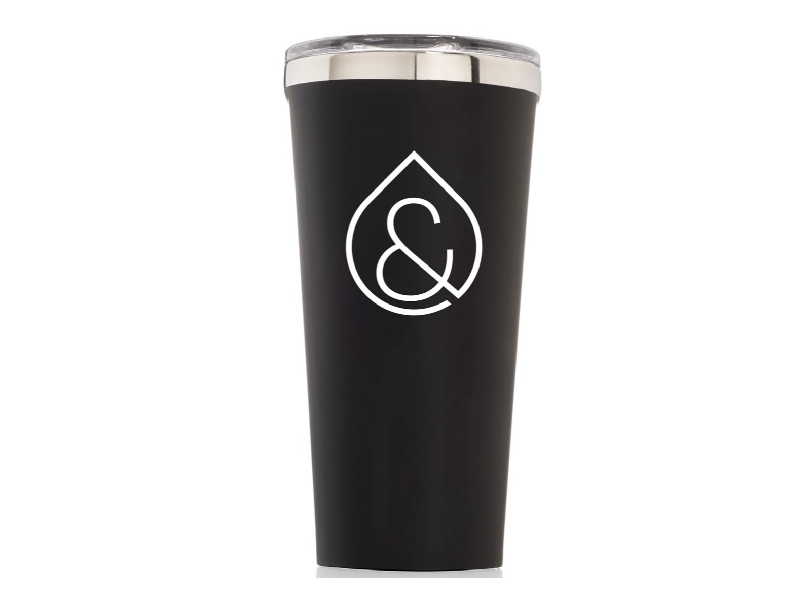A black tumbler with the Lawton Connect ampersand mark in white