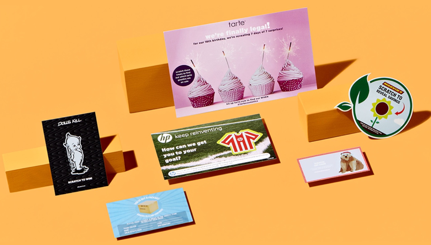 Printed scratch-off cards and stickers for several brands