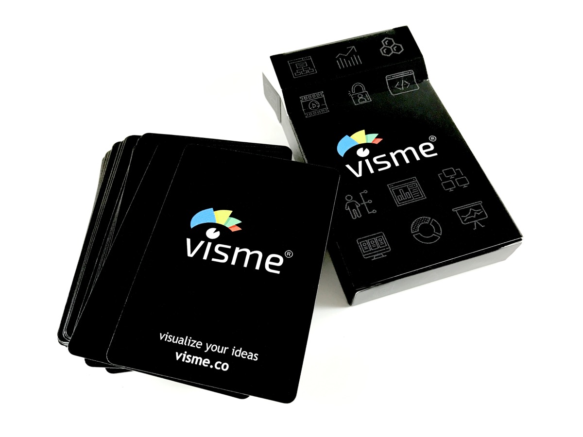 A stack of black business cards with a spot gloss logo