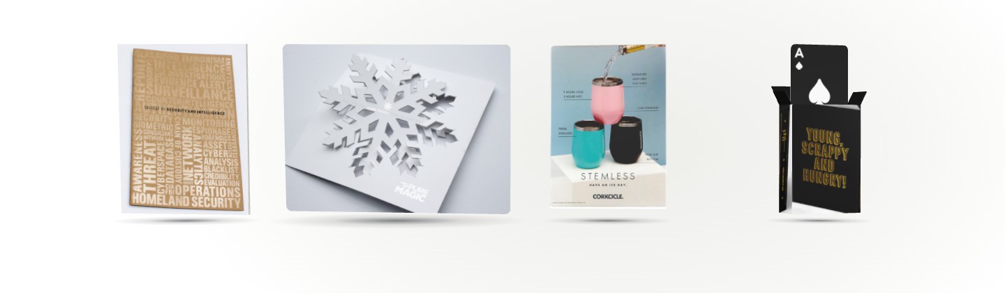A kraft embossed cover, a die-cut snowflake card, a standing point-of-sale sign and a black tuck box with an ace rising out of it, each printed with real work from our plant